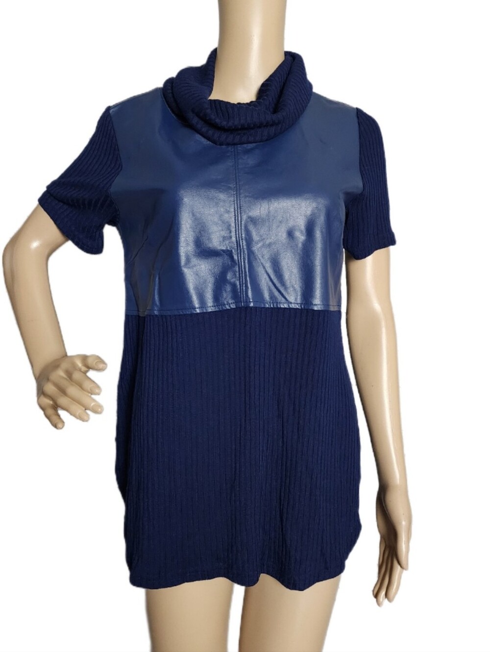 Very J Navy Blue Cotton Ribbed Mixed Media Cowl Neck Tunic Top Medium